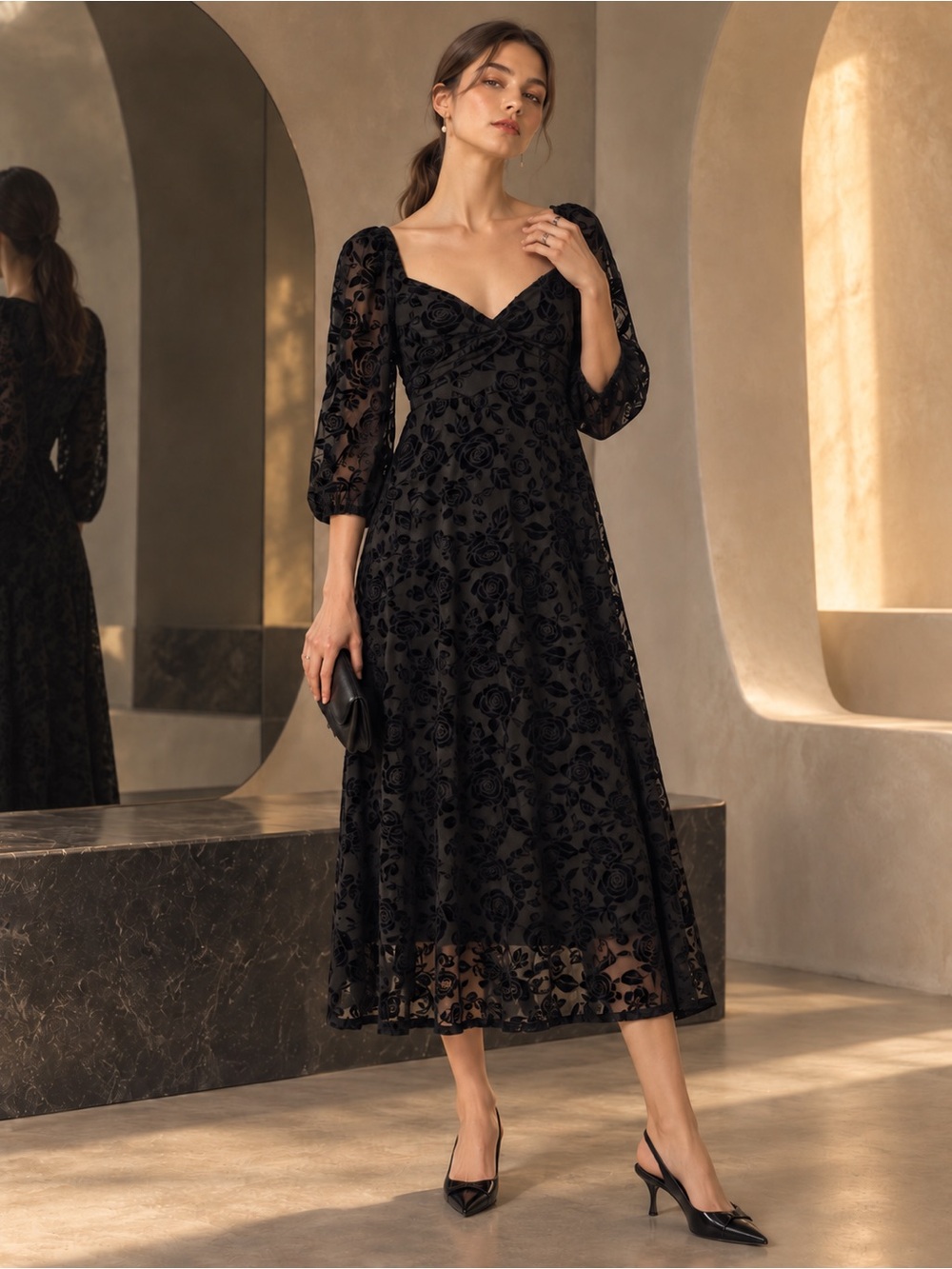 By The River NWOT Velvet Rose Flocked Mesh Midi Dress in Black, Size S